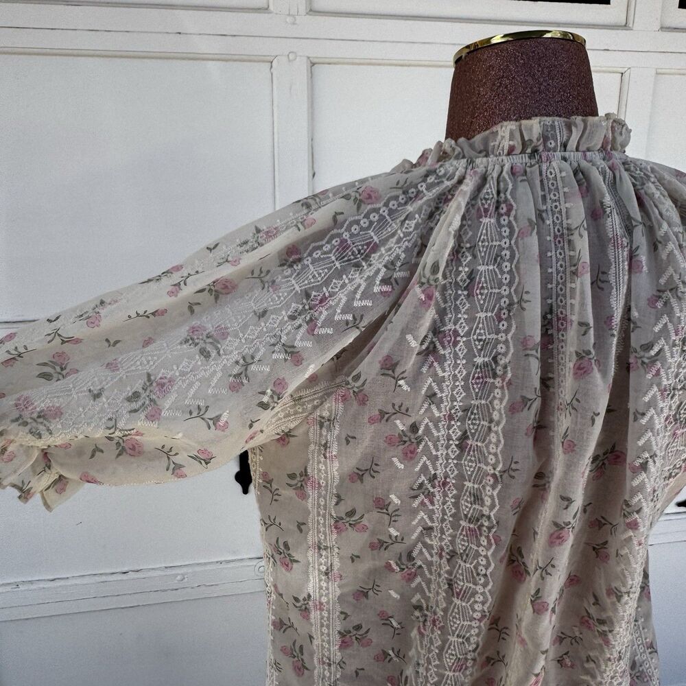 Pink Rose Ruffled Blouse Top Embroidered Lace Coquette Cottagecore Twee Delicate